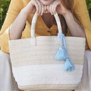 Altru Cream and White Tote with Light Blue Tassels
